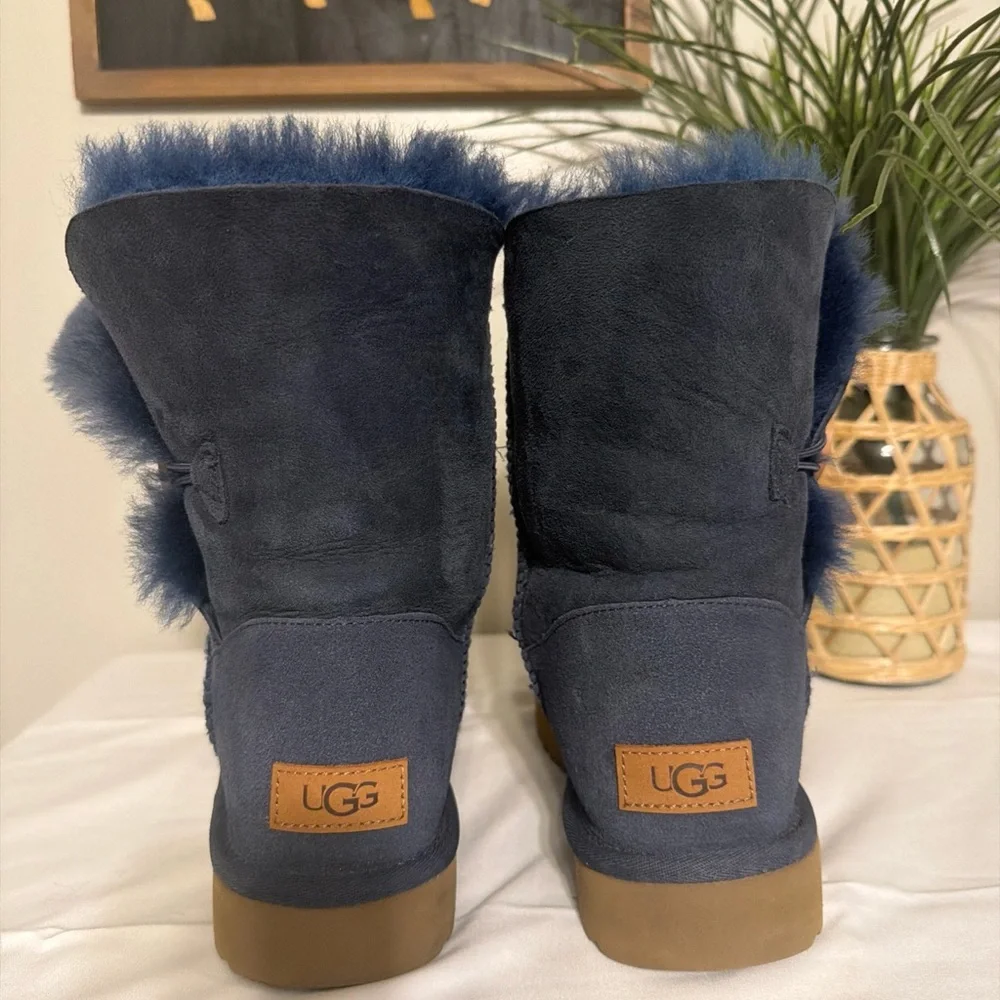 UGG Navy Suede Shearling Short Button Boots